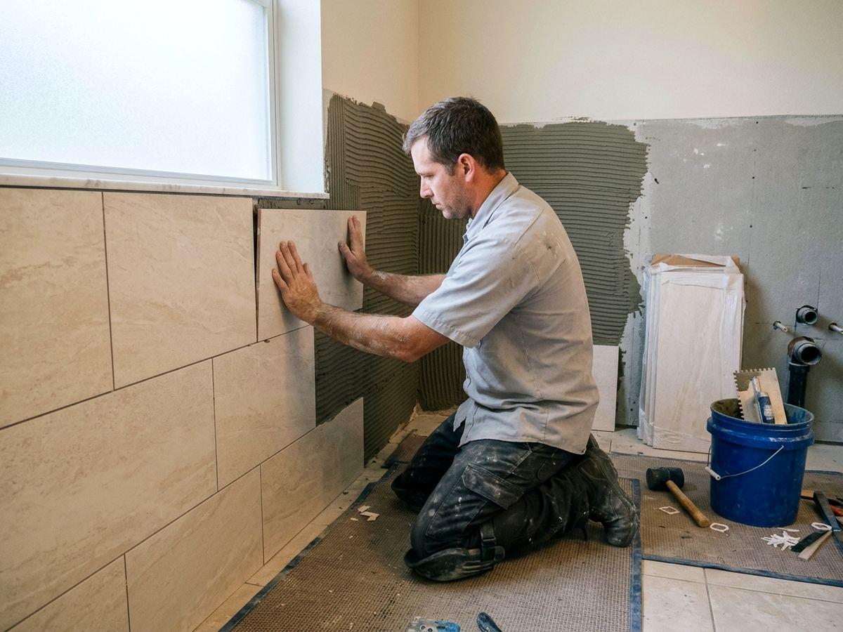 A tile setter fitting large-format tile on a half-finished bathroom wall
